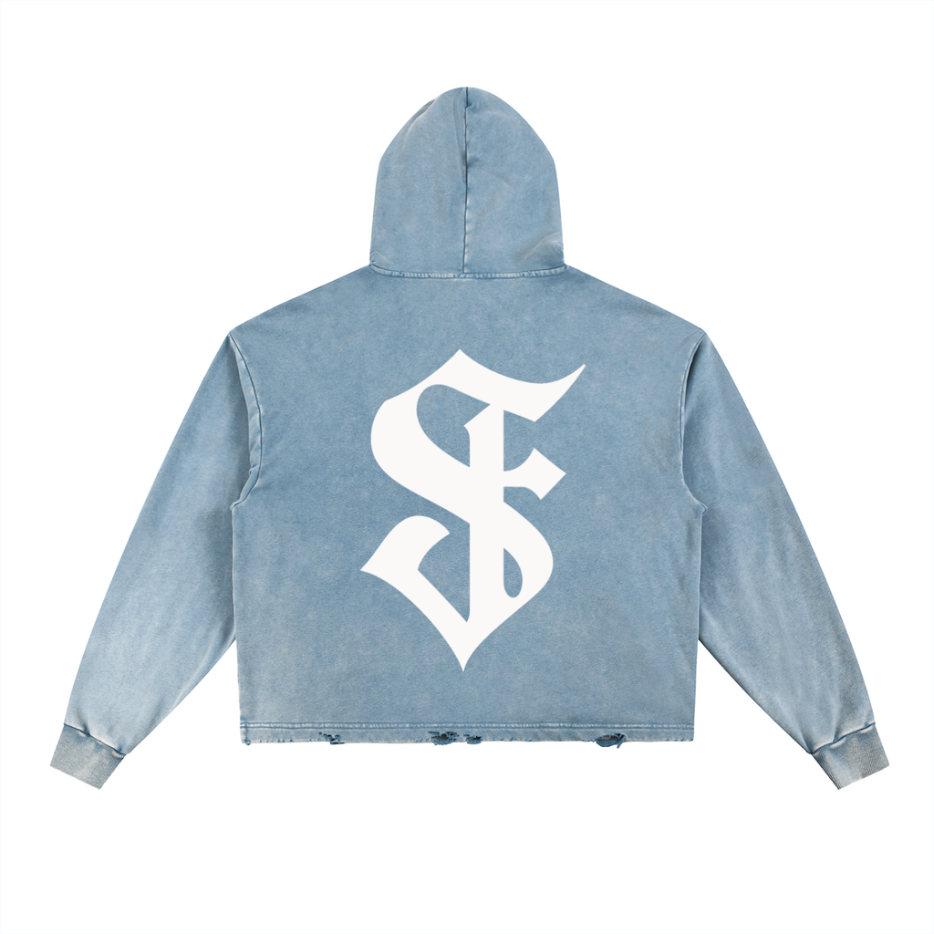 "Battle Born" SÜDFORM CROP Vintage Washed Frayed-Hem Hoodie